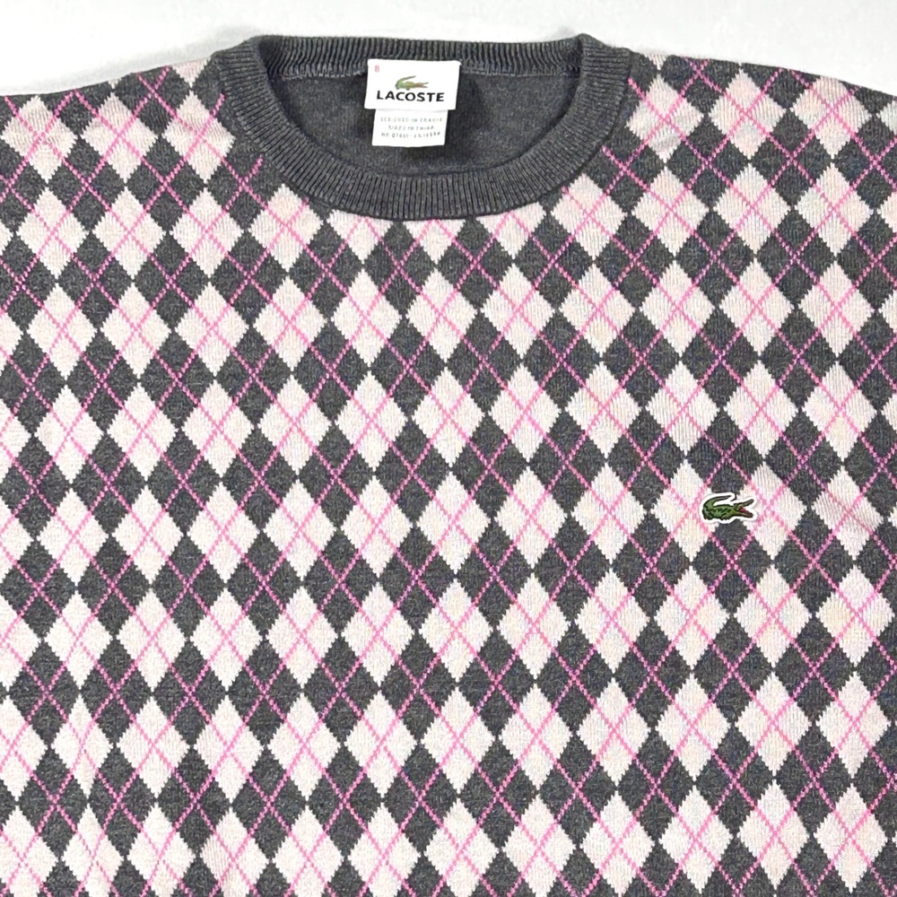 Vintage Lacoste Argyle Cotton Knit Sweater Mens 8 XXL Preppy Golf Y2K Gray Pink - Picture 2 of 9